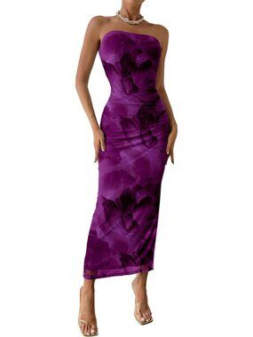 Women's Floral Purple Summer Wedding Guest Dress Strapless Tube Top Maxi Dress